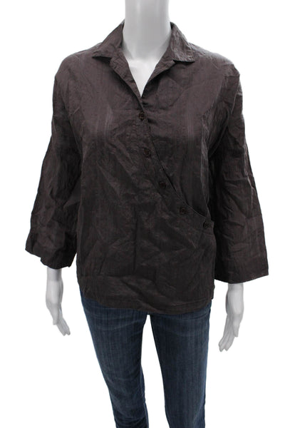 Blanque Womens Basic Cotton Collared Button Blouse Brown 3/4 Sleeve Size 0