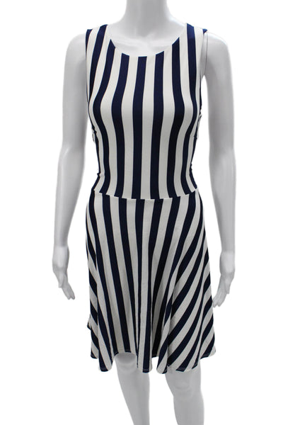 Susana Monaco Women Fit Flare Blue Striped Knee Length Sleeveless Dress Size M