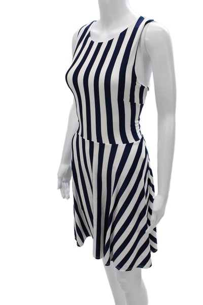 Susana Monaco Women Fit Flare Blue Striped Knee Length Sleeveless Dress Size M