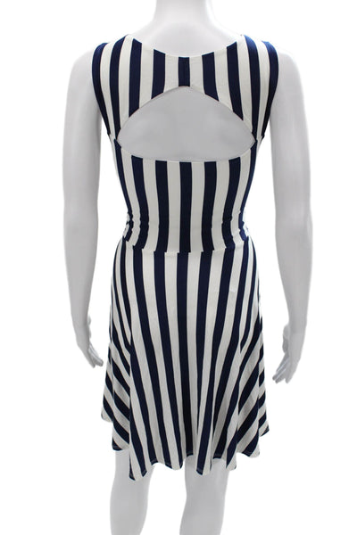 Susana Monaco Women Fit Flare Blue Striped Knee Length Sleeveless Dress Size M