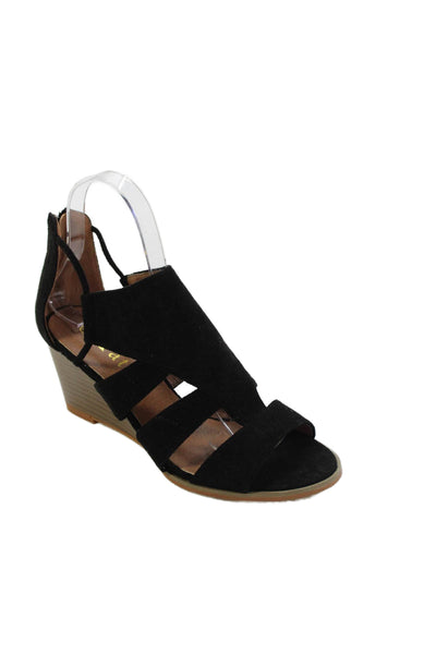 Mata Womens Suede Open Toe Zip Wedge Heels Shoes Black Size 5.5