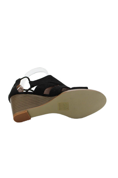 Mata Womens Suede Open Toe Zip Wedge Heels Shoes Black Size 5.5