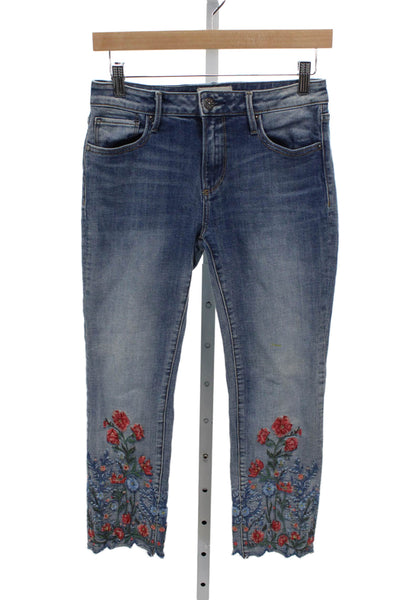 Driftwood Womens Cropped Floral Jeans Blue Mid Rise Cotton Blend Size 26