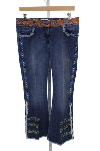 Nicole Miller Womens Flared Jeans Blue Geometric Mid Rise Cotton Blend Size 27