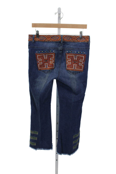 Nicole Miller Womens Flared Jeans Blue Geometric Mid Rise Cotton Blend Size 27