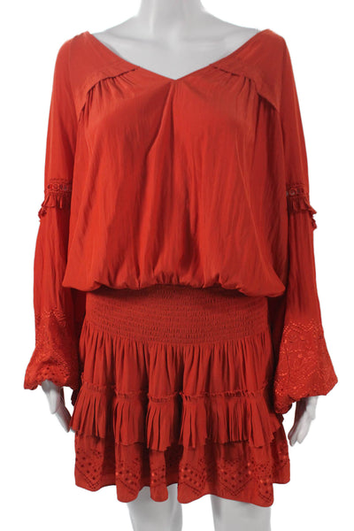 Ramy Brook Womens Blouson Dress Orange V-Neck Long Sleeve Polyester Size M