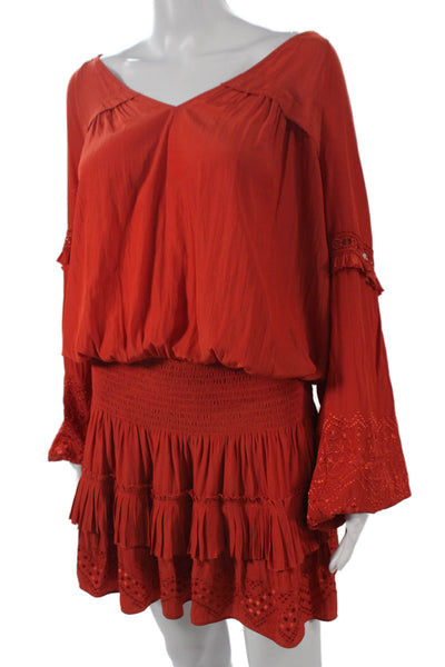 Ramy Brook Womens Blouson Dress Orange V-Neck Long Sleeve Polyester Size M