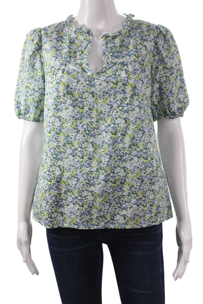 J Crew Women Floral V-Neck Cotton Blouse Short Sleeve Multicolor Size XS