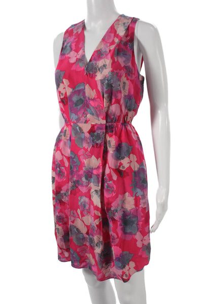 Rebecca Taylor Women A-Line Silk Floral V-Neck Sleeveless Zip Dress Size 2