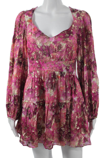 Love Shack Fancy Women Mini Floral V-Neck Long Sleeve Dress Multicolor Size 2