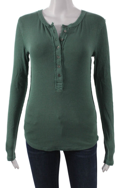 We The Free Womens Basic Henley Long Sleeve T-Shirt Green Size S
