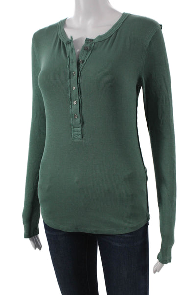 We The Free Womens Basic Henley Long Sleeve T-Shirt Green Size S
