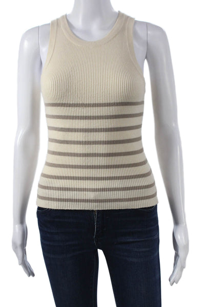 Deluc Womens Basic Ivory Cotton Striped Sleeveless Tank Round Neck Size M