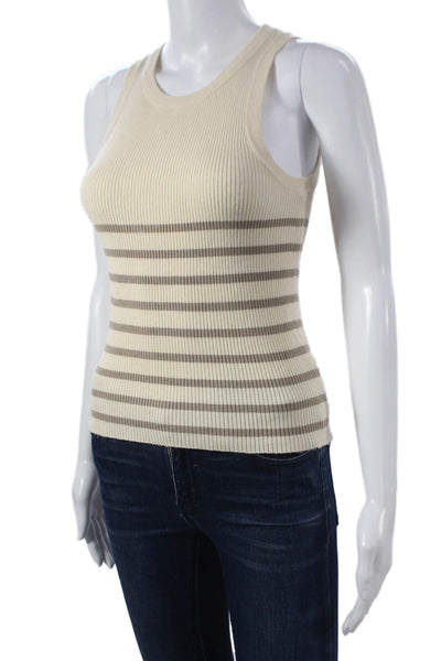 Deluc Womens Basic Ivory Cotton Striped Sleeveless Tank Round Neck Size M