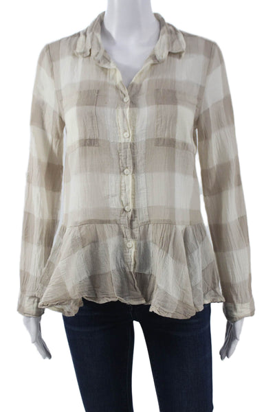 Dylan Womens Basic Plaid Cotton Collared Button-Up Long Sleeve Beige Size XS