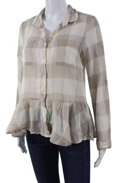 Dylan Womens Basic Plaid Cotton Collared Button-Up Long Sleeve Beige Size XS