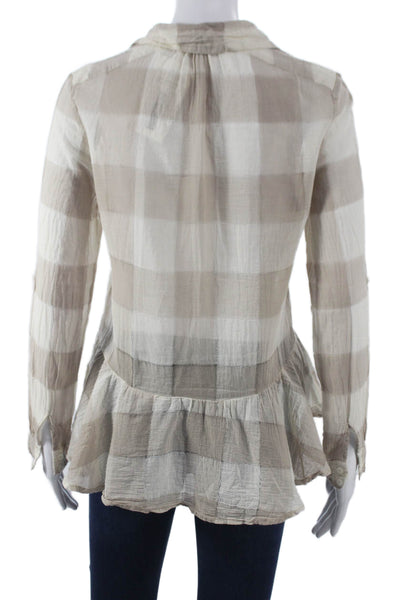 Dylan Womens Basic Plaid Cotton Collared Button-Up Long Sleeve Beige Size XS