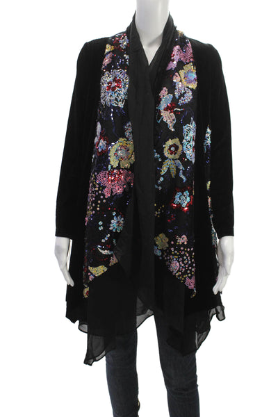 Aris A. Womens Kimono Jacket Black Floral V Neck Long Sleeve Size L