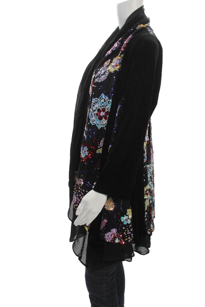 Aris A. Womens Kimono Jacket Black Floral V Neck Long Sleeve Size L