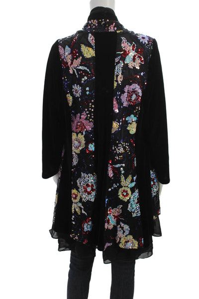Aris A. Womens Kimono Jacket Black Floral V Neck Long Sleeve Size L