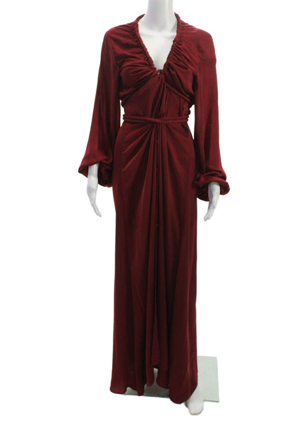 Andrea Iyamah Women Red V-Neck Maxi Dress Long Sleeve Tie Size S