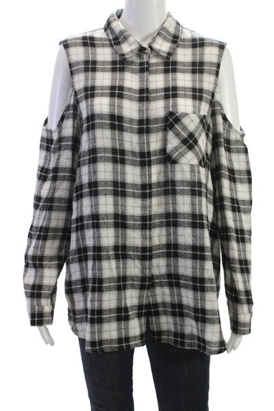 Drew Womens Basic Plaid Collared Button Up Top Black Long Sleeve Size XL