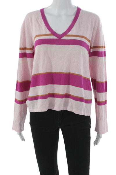 Monrow Womens Basic Multicolor Striped V-Neck Long Sleeve T-Shirt Size L
