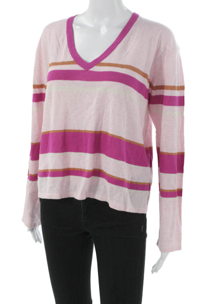Monrow Womens Basic Multicolor Striped V-Neck Long Sleeve T-Shirt Size L