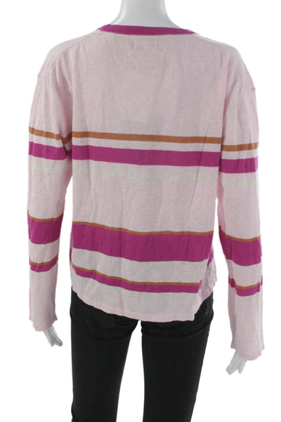 Monrow Womens Basic Multicolor Striped V-Neck Long Sleeve T-Shirt Size L
