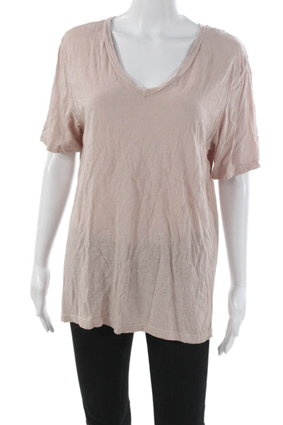 Monrow Women Basic Pink V-Neck T-Shirt Short Sleeve Tencel Linen Size M