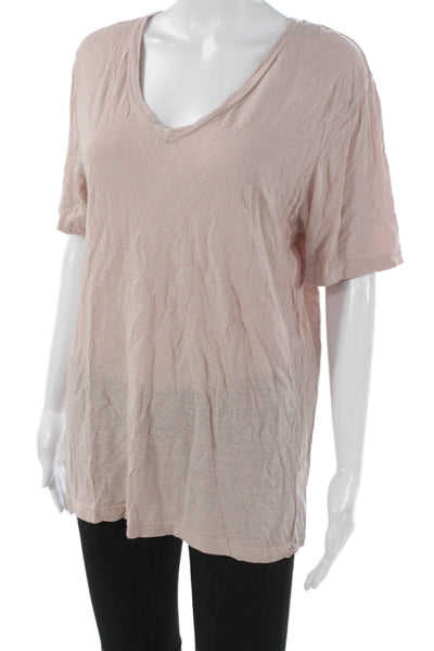 Monrow Women Basic Pink V-Neck T-Shirt Short Sleeve Tencel Linen Size M
