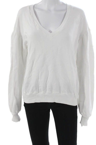 Monrow Women Basic V Neck Cotton Sweatshirt Long Sleeve White Size L