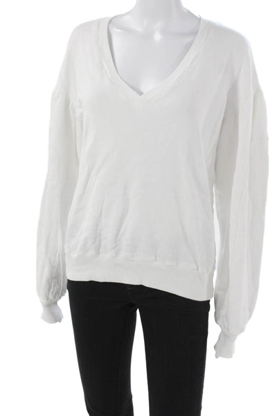 Monrow Women Basic V Neck Cotton Sweatshirt Long Sleeve White Size L