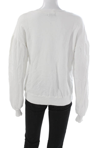 Monrow Women Basic V Neck Cotton Sweatshirt Long Sleeve White Size L