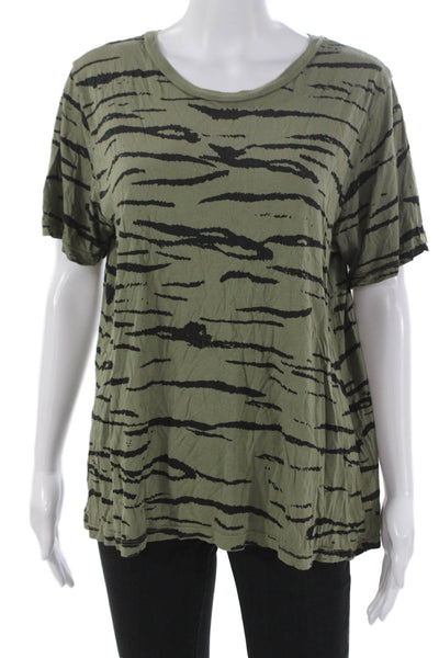 Monrow Womens Basic Green Animal Print Short Sleeve T-Shirt 50% Cotton Size L