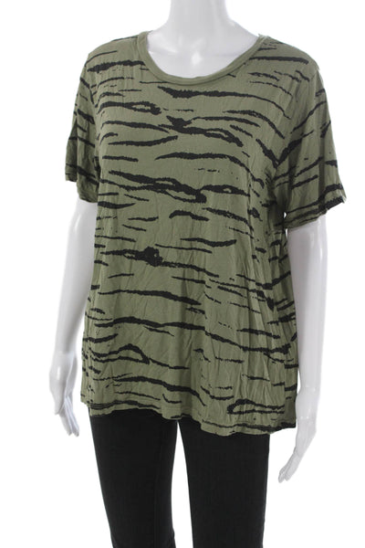 Monrow Womens Basic Green Animal Print Short Sleeve T-Shirt 50% Cotton Size L