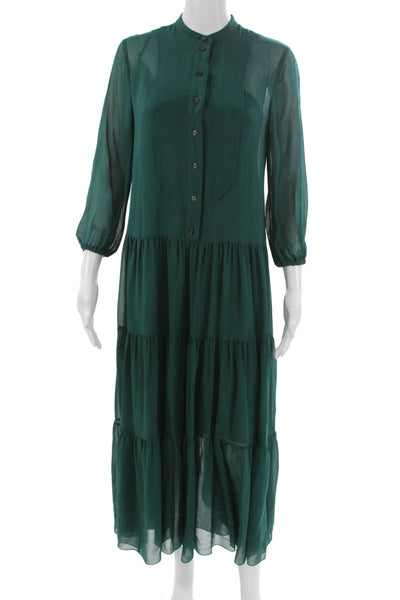 J Crew Women Maxi Silk High Neck Button Long Sleeve Green Dress Size 2