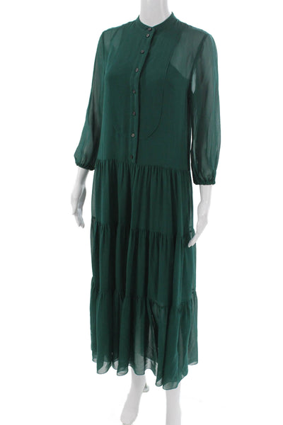 J Crew Women Maxi Silk High Neck Button Long Sleeve Green Dress Size 2