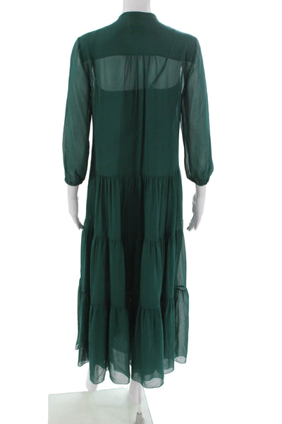 J Crew Women Maxi Silk High Neck Button Long Sleeve Green Dress Size 2