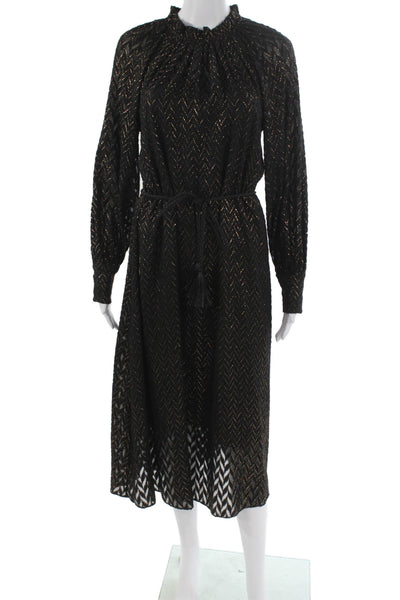 Biba Women A-Line Metallic Black Maxi Dress Long Sleeve High Neck Size 6
