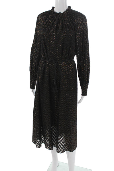 Biba Women A-Line Metallic Black Maxi Dress Long Sleeve High Neck Size 6