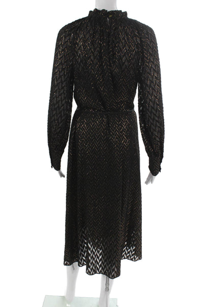 Biba Women A-Line Metallic Black Maxi Dress Long Sleeve High Neck Size 6