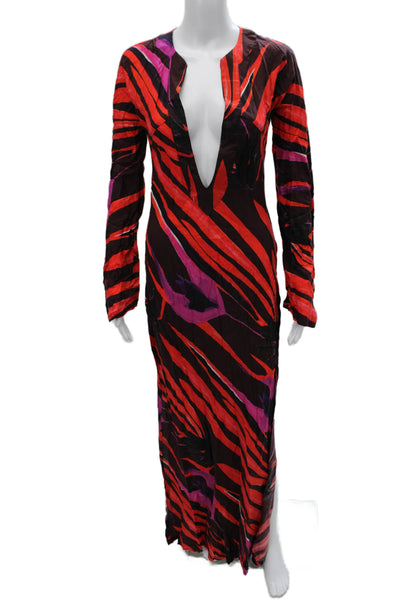 Louisa Ballou Womens Maxi Dress Animal Print Multicolor V-Neck Size XS