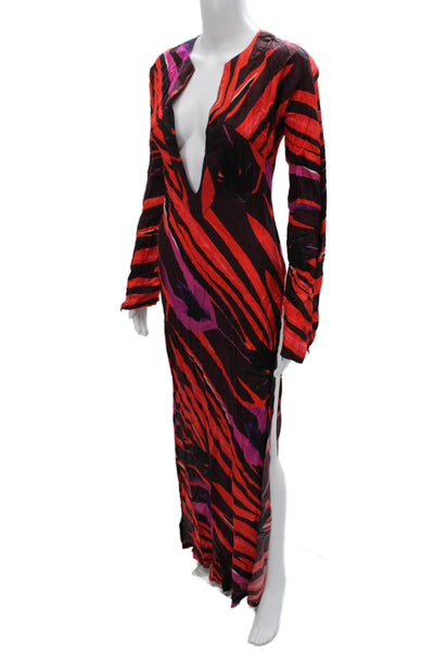 Louisa Ballou Womens Maxi Dress Animal Print Multicolor V-Neck Size XS