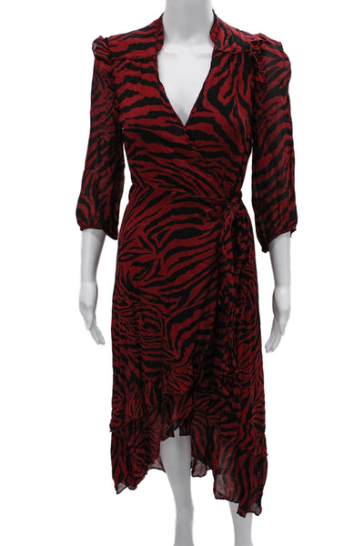 Ba&Sh Womens Red Zebra Wrap Dress V Neck 3/4 Sleeve Viscose Full Length Size 8