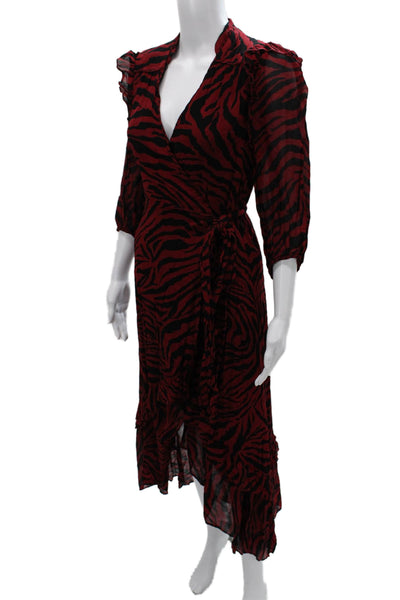 Ba&Sh Womens Red Zebra Wrap Dress V Neck 3/4 Sleeve Viscose Full Length Size 8