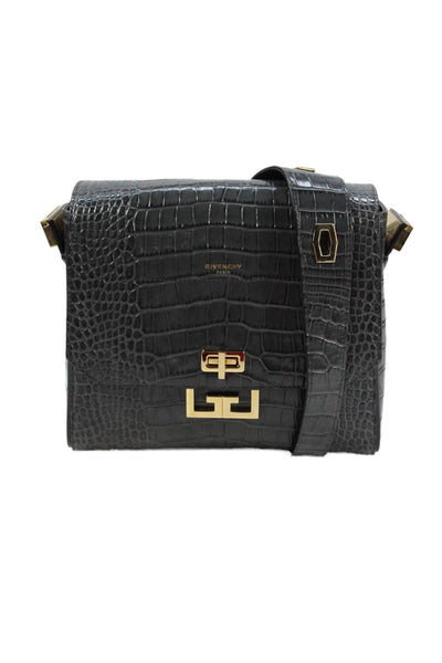 Givenchy Womens Leather Crocodile Print Crossbody Shoulder Handbag Grey