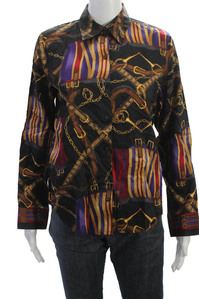 Lauren Ralph Lauren Women Horse Bridle Pattern Cotton Button Up Longsleeve Black