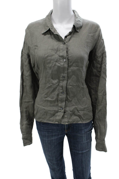 James Perse Women Linen Collared Button-Up Long Sleeve Basic Green Size 3