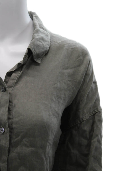 James Perse Women Linen Collared Button-Up Long Sleeve Basic Green Size 3